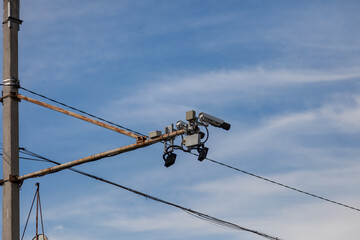 Two radar camera on the side of the road to record the speed of vehicles to automatically determine the fine for speeding and violation. Russian gadget in the work of the road police post.