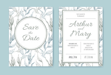 Vector wedding invitation with floral background and frame in light pastel colors. Decorative pages with text. Hand drawn blue and mint vintage hatched plant leaves. Outline drawing.