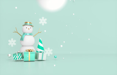 Christmas and New year background with Snow man and gift box. 3d render.