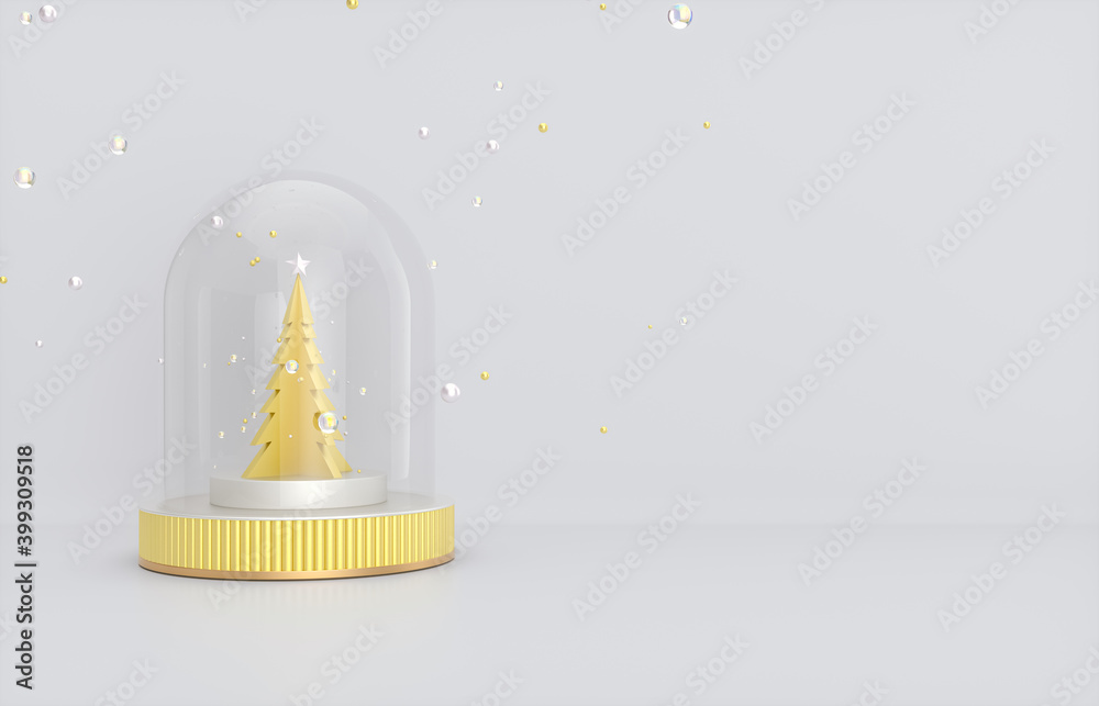 Poster Christmas and New year background with Christmas tree and snow globe. 3d render.