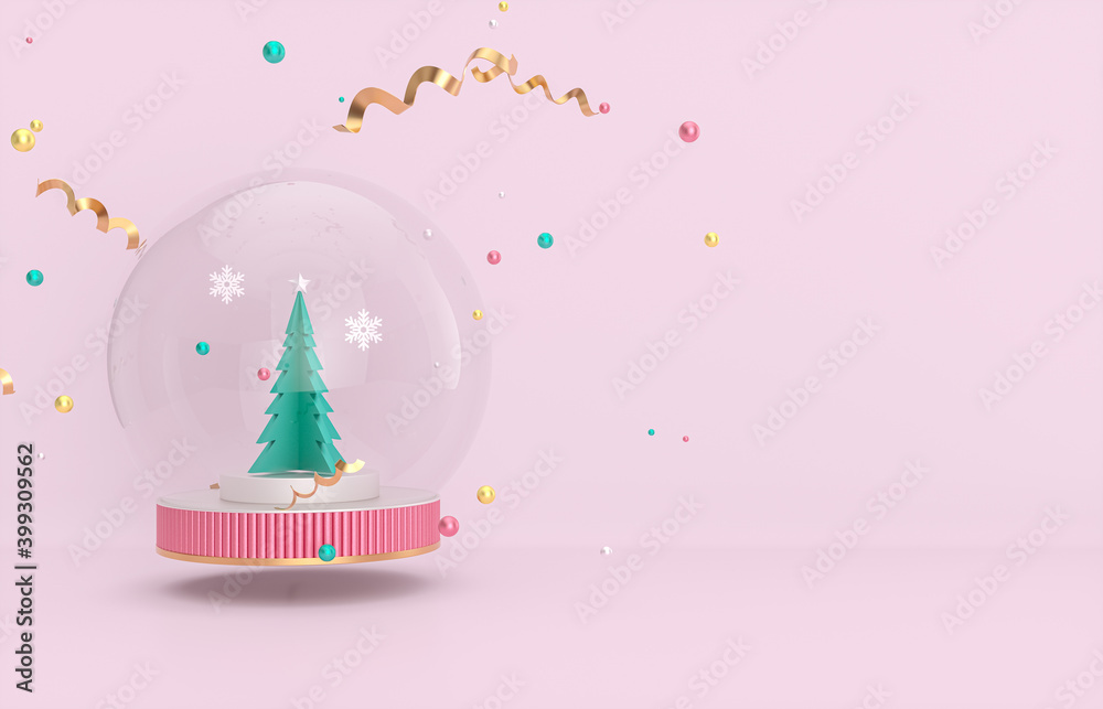 Aufkleber christmas and new year background with christmas tree and snow globe. 3d render.