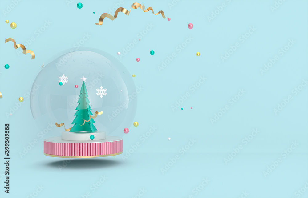 Aufkleber christmas and new year background with christmas tree and snow globe. 3d render.