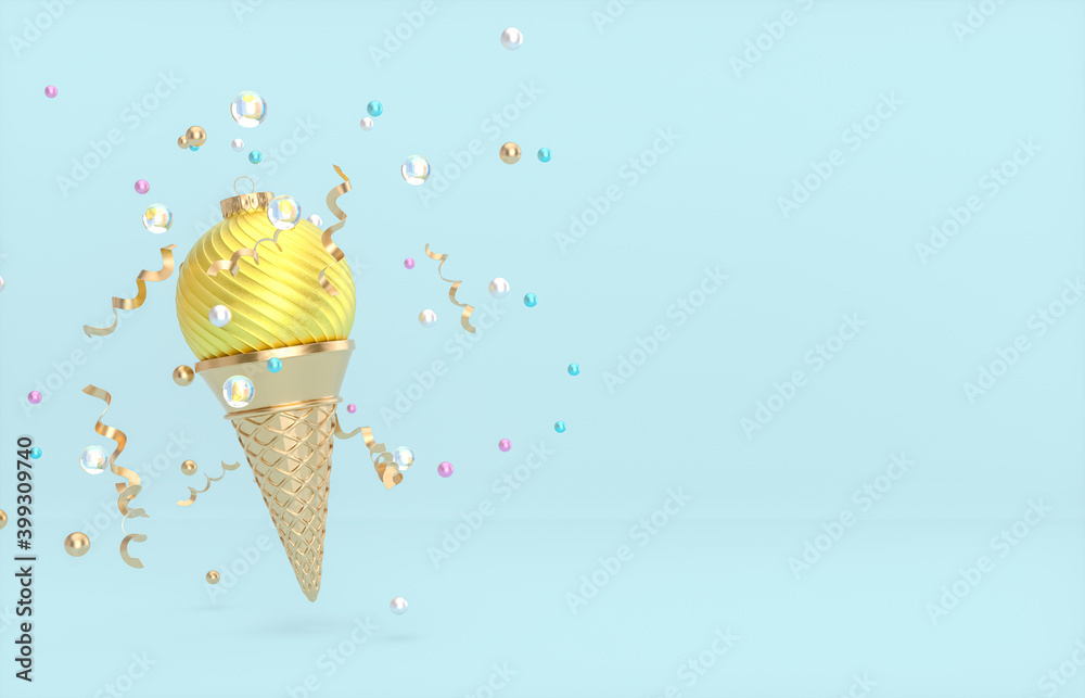 Poster christmas and new year background with christmas ball on ice cream cone. 3d render.