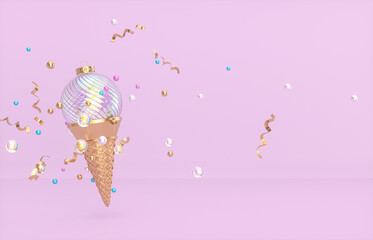 Christmas and New year background with Christmas ball on Ice cream cone. 3d render.