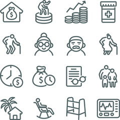 Happy retirement icon illustration vector set. Contains such icons as Retire, Old man, Investing, Retire plan, Grandparent, nursing home, old man, Wealth, and more. Expanded Stroke