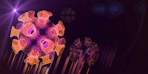 Abstract background with viral cell polygon mesh and blurred lines on dark. Coronavirus 2019 - NCOV. Virus Covid -19.