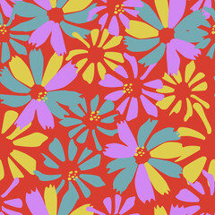 Vector seamless pattern with colorful daisy flowers on red background. Wallpaper or textile flower design.