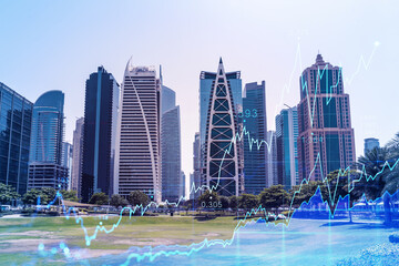 Naklejka premium Panoramic view of steel and glass skyscrapers of Dubai Marina. Modern cityscape of the capital of the UAE. Financial services hub. FOREX graph and chart concept. Double exposure.