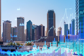 Fototapeta premium Cityscape skyscrapers of downtown, UAE. Modern skyline of the capital of the Emirate of Dubai. Center of international trading of Western Asia. Traffic. FOREX graph and chart concept. Double exposure