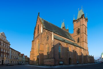 HRADEC KRALOVE, CZECH REPUBLIC - DECEMBER 10, 2020: The Cathedral of the Holy Spirit in the historic city center. Hradec Kralove is a big city in the Hradec Kralove Region Bohemia, Czech republic