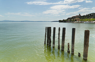 View of the village of Passignano on Lake Trasimeno, Italy