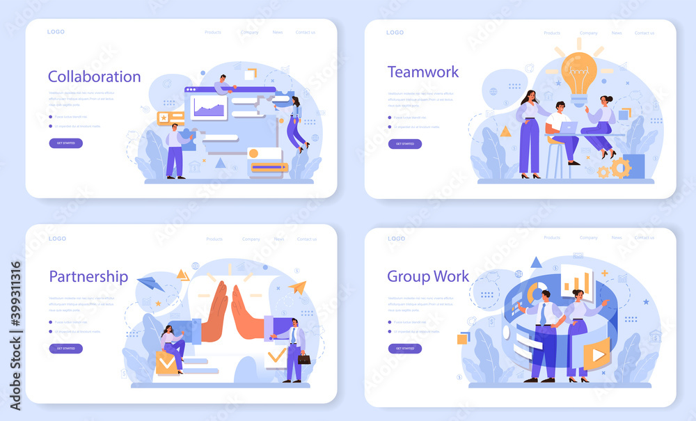 Wall mural collaboration web banner or landing page set office characters working in team.