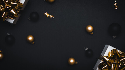 Christmas gift. White gift with golden bow, gold balls and sparkling lights garland in xmas decoration on dark background for greeting card. Xmas backdrop with space for text.