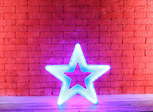 Blue Christmas Star On Red Brick Wall Background