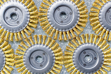 Disk brush. Round brush with metal pile or bristles for processing materials. Solid background...