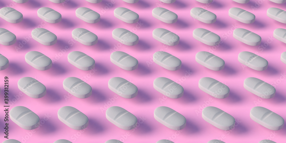 Canvas Prints Many white tablets floating mid-air on pink background, 3d illustration. Pill pattern on pastel colored backdrop. Concept for pharmaceutical industry, pharmacy business, drug abuse.