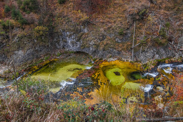 beautiful idyllic mountain torrent with colorful basin