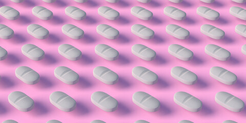 Many white tablets floating mid-air on pink background, 3d illustration. Pill pattern on pastel colored backdrop. Concept for pharmaceutical industry, pharmacy business, drug abuse.