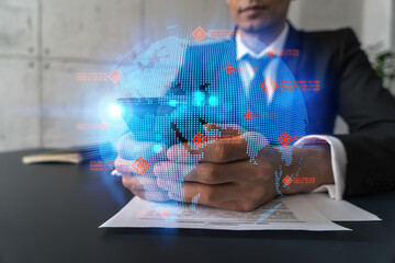 Man in office working with Smartphone, Searching for new countries to work with. International world map hologram, typing phone. Double exposure.