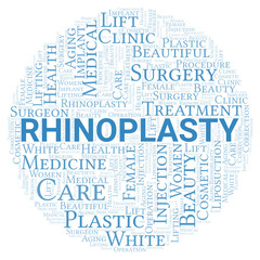 Rhinoplasty typography word cloud create with the text only. Type of plastic surgery