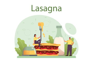 Tasty lasagna. Italian delicious cuisine on the plate. People