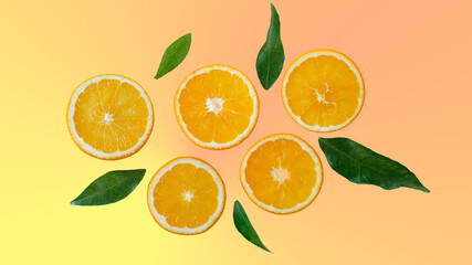 Fresh orange fruit slices with leaves on gradient yellow coral color background