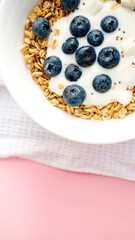 a bowl of handmade granola with blueberries added coconut and Chia seeds. located on a gray background with a white napkin. space for text . the view from the top