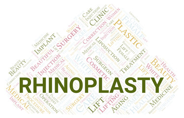 Rhinoplasty typography word cloud create with the text only. Type of plastic surgery