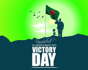 Vector illustration for Bangladesh victory day, national day, soldiers, flag hoisting, pigeon, mountain on abstract background with patriotic color theme.