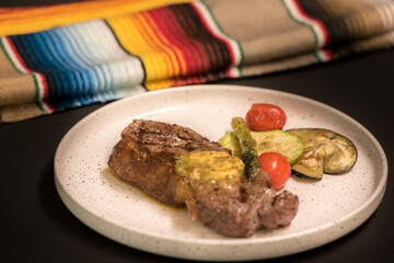 Meat in Mexican style on white plate