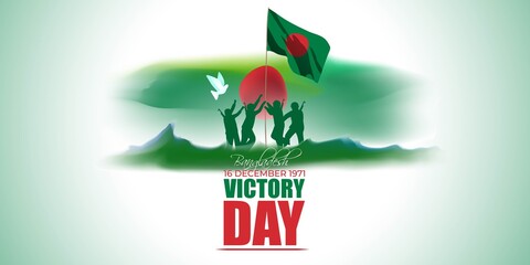Vector illustration for Bangladesh victory day, national day, soldiers, flag hoisting, pigeon, mountain on abstract background with patriotic color theme.