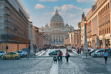 view from Via della Conciliazione (Road of Reconciliation) on St. Peter's Basilica. Vatican, Rome.