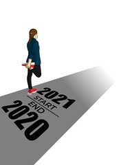 Fototapeta premium Vector illustration of 2021 start, end 2020 concept. Athlete runner stretching leg preparing for new year at golden sunset, 2021 is written on road. Plans and goals of success path.