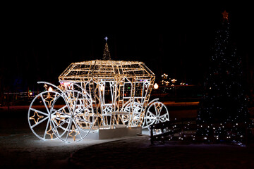 Christmas. Fabulous glowing carriage. The magical night before Christmas.