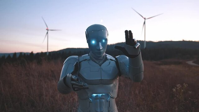 Innovative cybernetic human-like robot interacting virtual hologram animated user interface touchscreenon the wind station industrial field. Artificial intelligence. Ecology. Augmented reality.