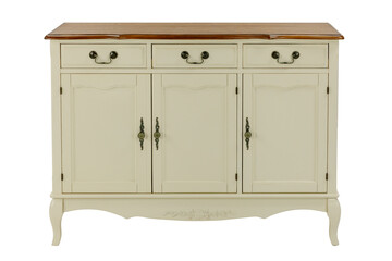 beige chest of drawers with drawers and doors on a white background