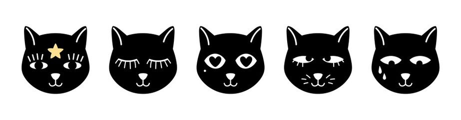 Abstract cats faces. Magic black kitten, occult pets with diverse eyes vector set