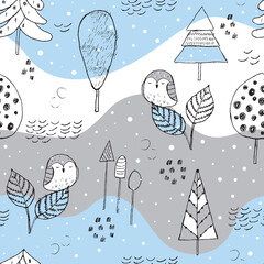 Seamless pattern in scandinavian style. Winter forest with trees and owls - 399314369