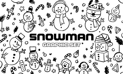 snowman graphic set with hand drawn crayon style 