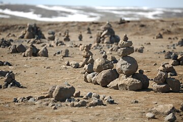 Fototapeta na wymiar Stone cairns erected on the way in a barren landscape