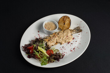 Stuffed trout with mushrooms sauce and salad