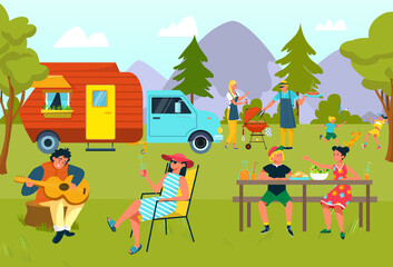 Summer family picnic at vacation outdoor, vector illustration. Travel by van, adventure camp at nature. Holiday tourism with cartoon trailer car. Flat camping activity at landscape.