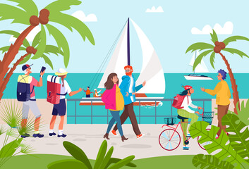 Naklejka premium People at summer sea resort, vector illustration. Man woman cartoon character walk at ocean seaside, holiday vacation scenery. People walking at seafront landscape, outdoor city view.