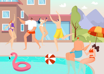 Obraz na płótnie Canvas Summer pool party, vector illustration. Happy young people have fun, relax at vacation, swim in flat water. Cartoon outdoor beach resort holiday travel, swimming at tropical hotel.
