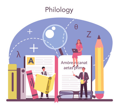 Philologist concept. Professional scientist studying a language