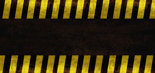 Wide industrial banner template - grunge metal yellow hazard stripe texture background with copy...