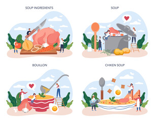 Naklejka premium Chicken soup set. Tasty meal and ready dish. Chicken meat, onion