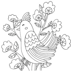 Hand drawing coloring pages for children and adults. Beautiful drawings with patterns and small details. Coloring page with a bird in a blossoming tree branch, flowers. Vector