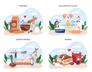 Tiramisu dessert set. People cooking delicious italian cake. Sweet slice