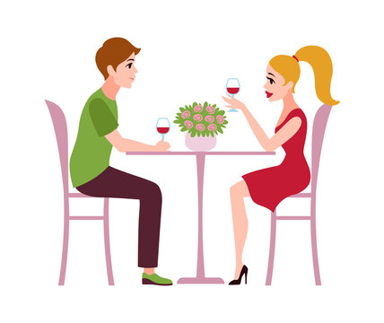Happy romantic couple in restaurant. Man and woman sit at table drink wine talking, celebrate valentine holiday together in cafe love and relationships flat vector cartoon illustration